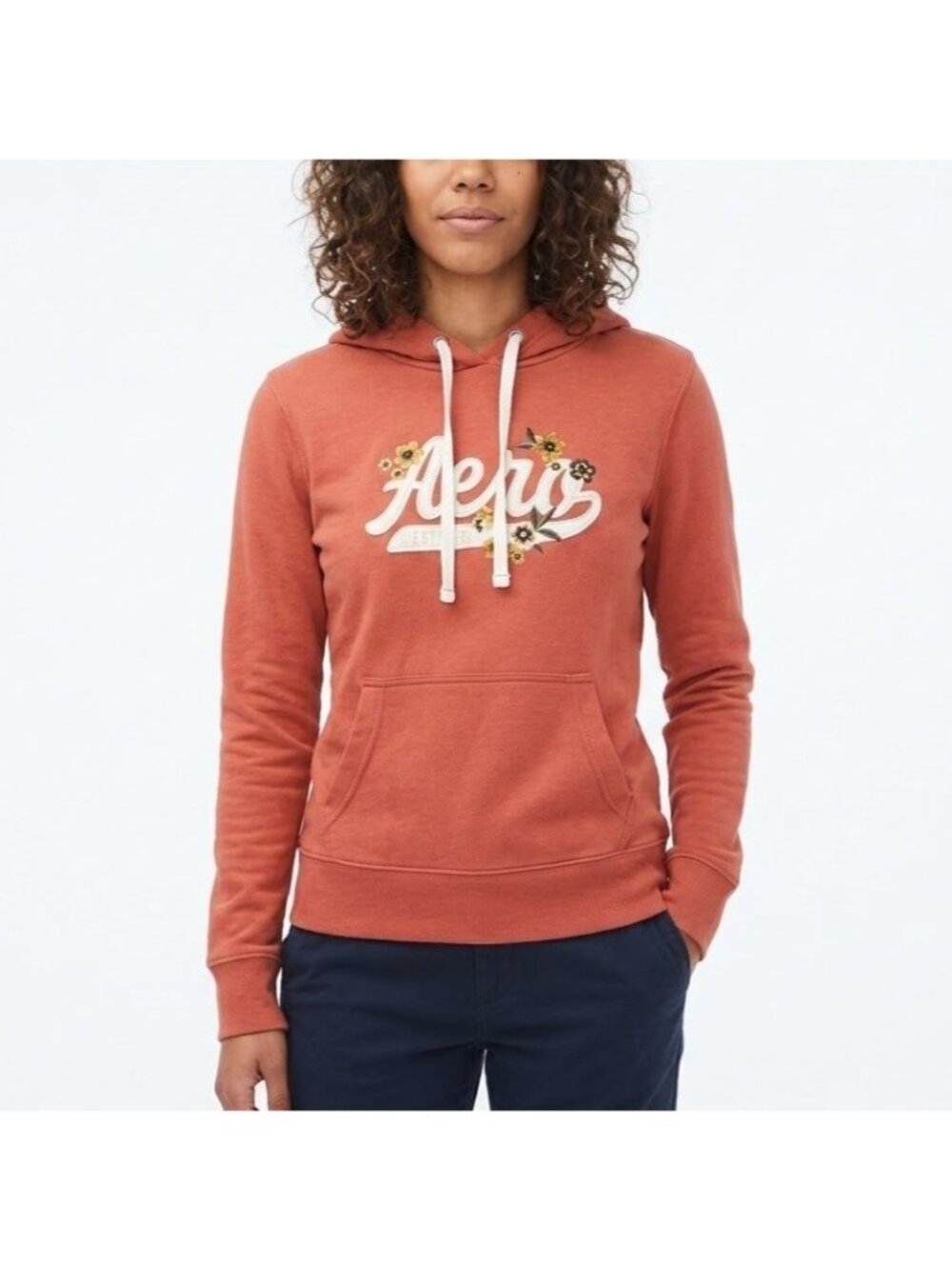 Aeropostale Size S Coral Floral Embroidered Aero Logo Pullover Hoodie Sweatshirt